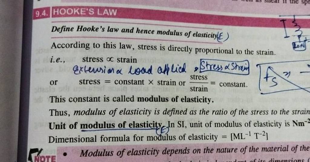 9.4. HOOKE'S LAW Define Hooke's law and hence modulus of elasticity(E) Ac..
