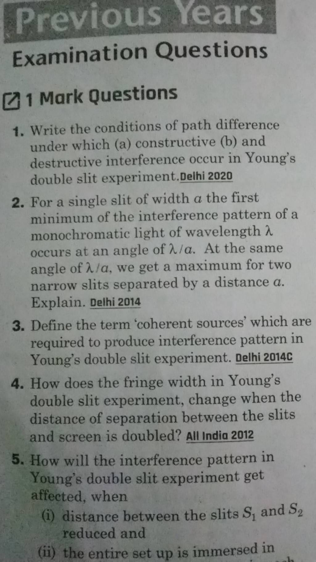 Examination Questions 1 Mark Questions Filo