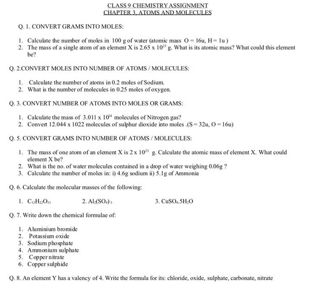 class 9 chemistry assignment 6th week