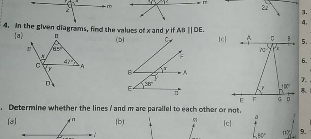 4. In the given diagrams, find the values of x and y if AB∥DE. (a) (b) (c..