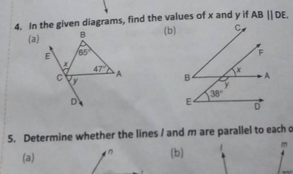 4. In the given diagrams, find the values of x and y if AB∥DE. (a) (b) 5...