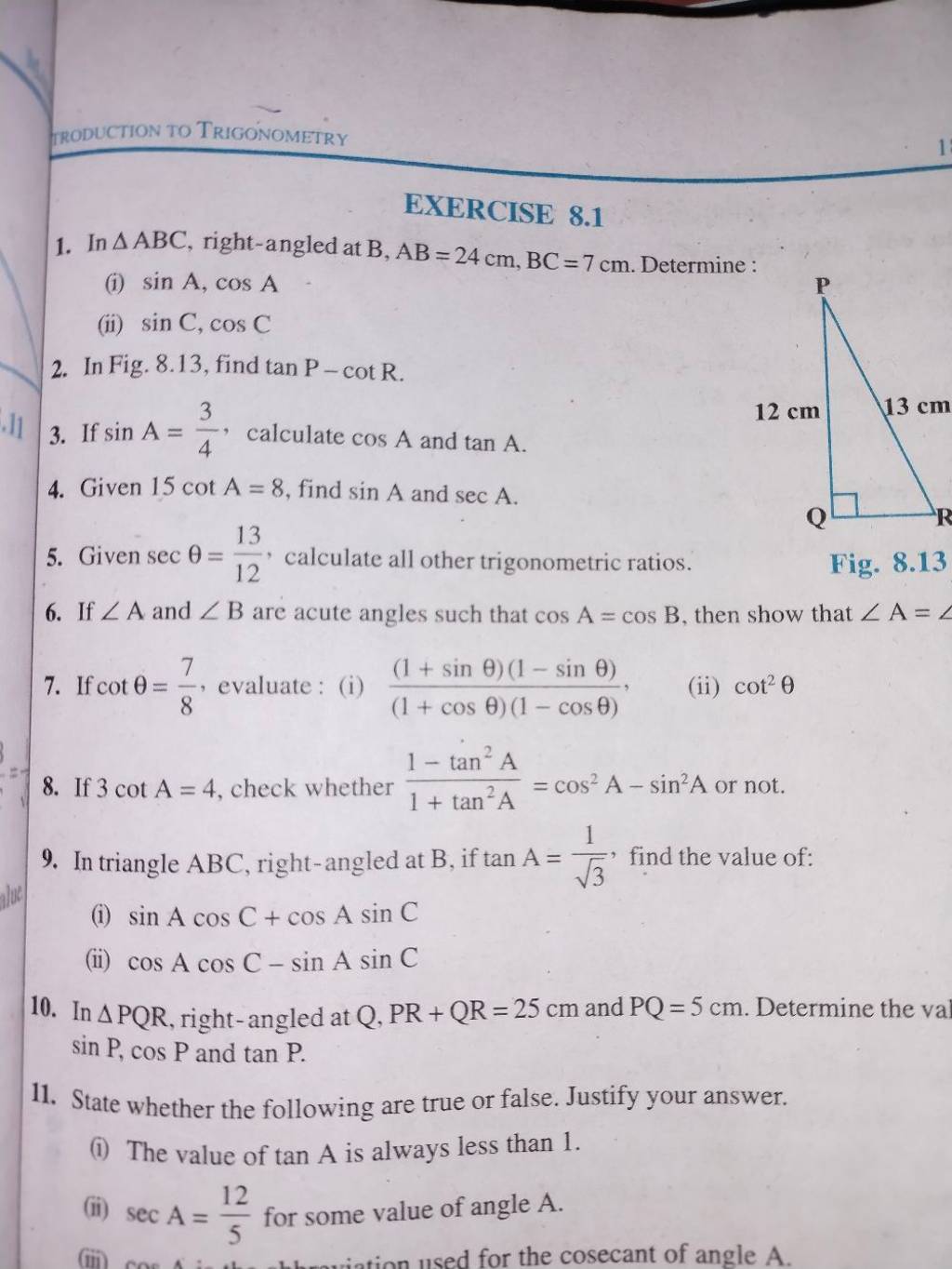 TRODUCTION TO TRIGONOMETRY EXERCISE 8.1 1. In ABC, right-angled at B,AB=..