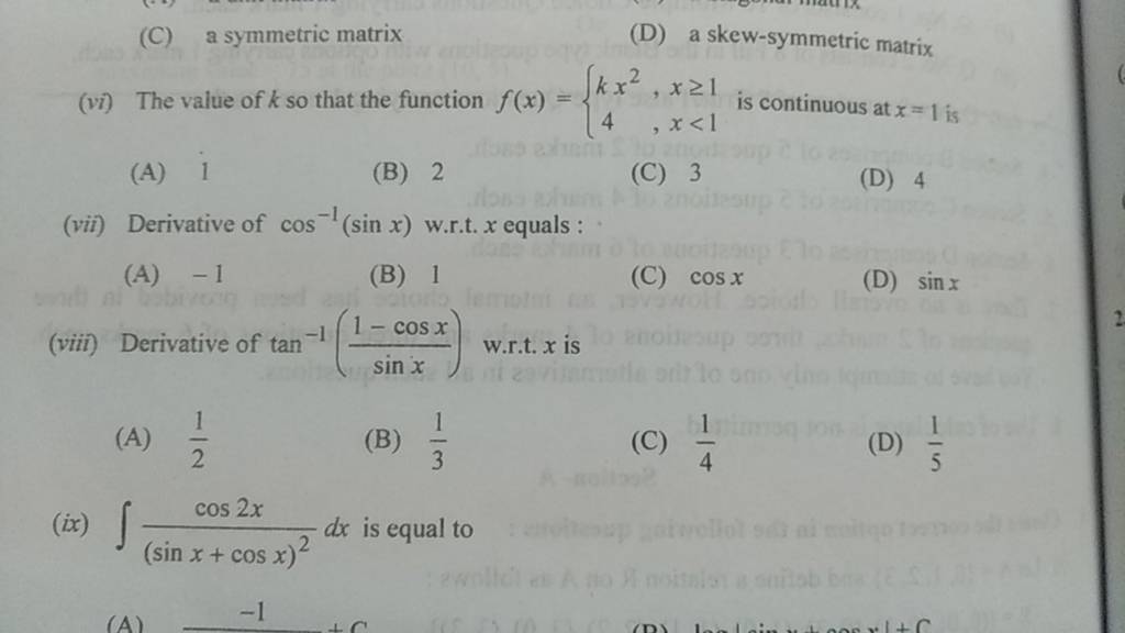 Derivative of tan−1(sinx1−cosx ) w.r.t. x is Filo