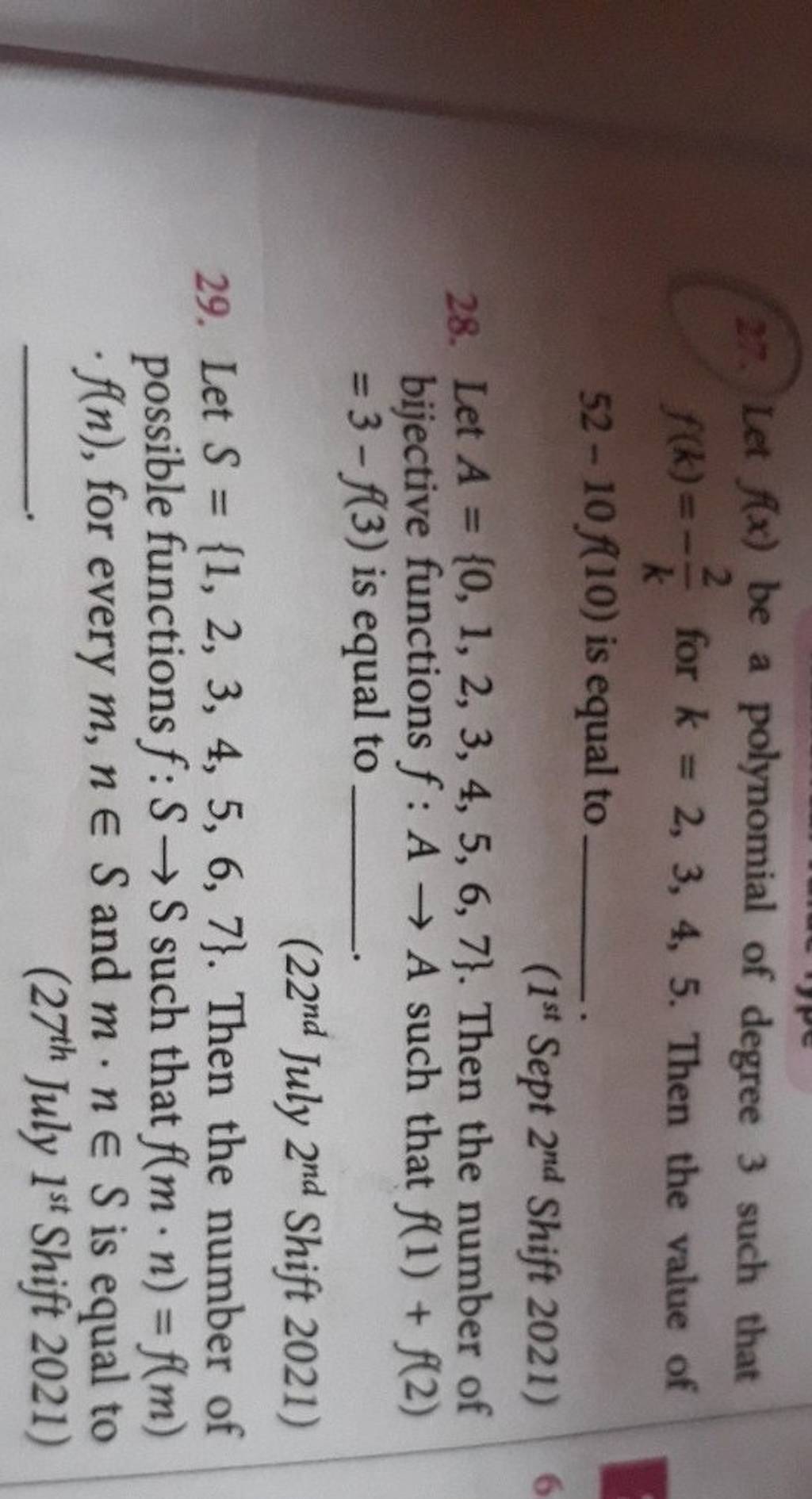 27. Let F(x) Be A Polynomial Of Degree 3 Such That F(k)=−k2 For K=2,3,4,..