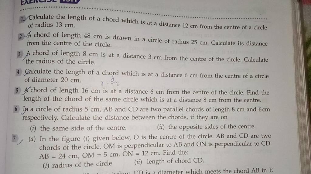 1. Calculate the length of a chord which is at a distance 12 cm from the