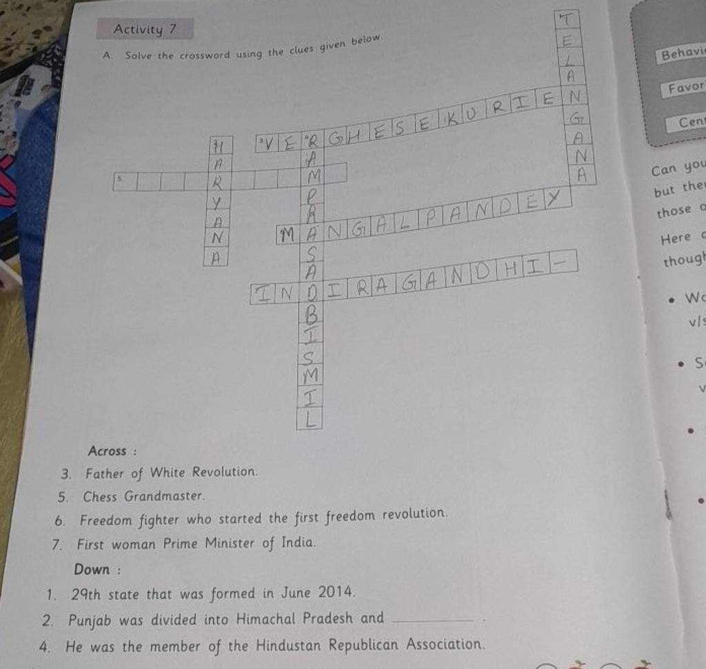 Activity 7 A Solve the crossword using the clues given below Behavi Fav