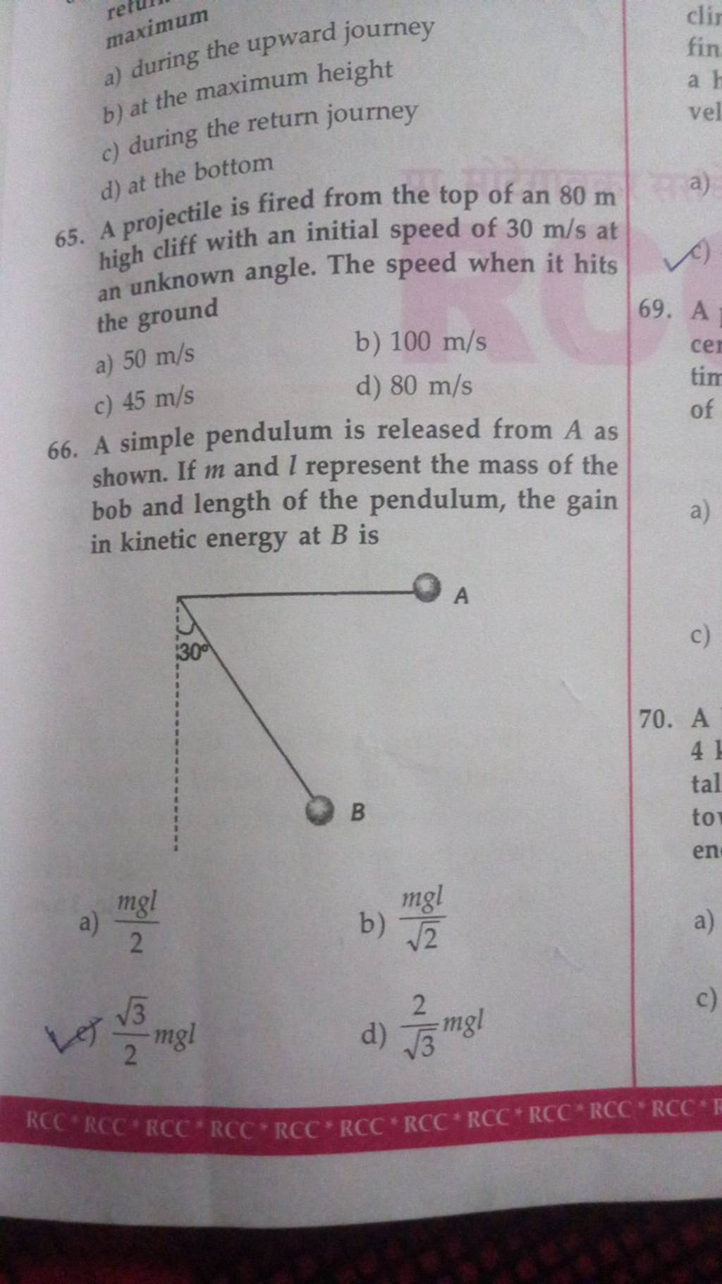 A simple pendulum is released from A as shown. If m and l represent the m..
