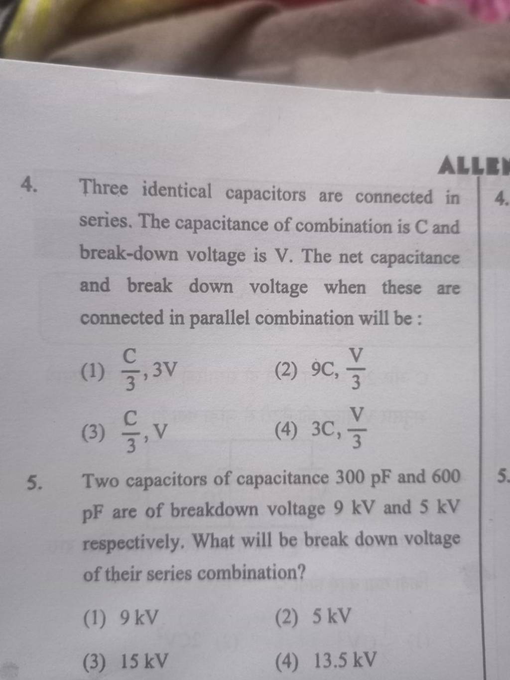 Three identical capacitors are connected in series. The capacitance of co..