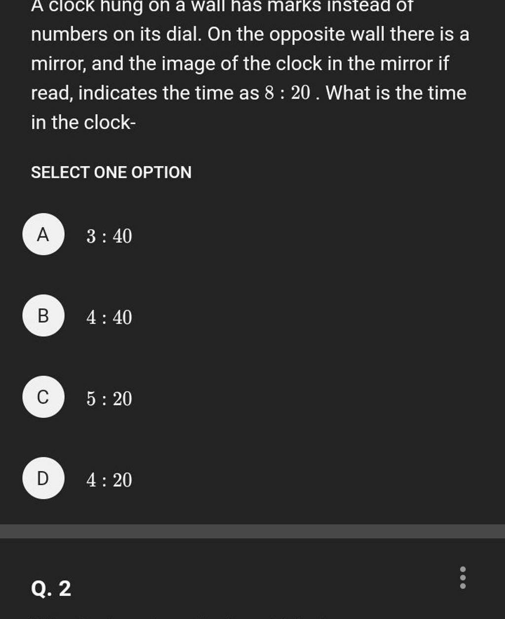 A clock hung on a wall has marks instead of numbers on its dial. On the o..