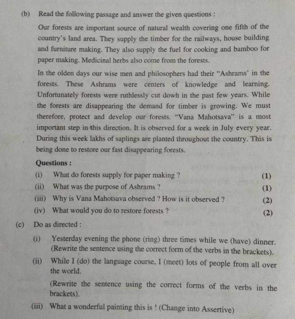 (b) Read The Following Passage And Answer The Given Questions : Our Fores..