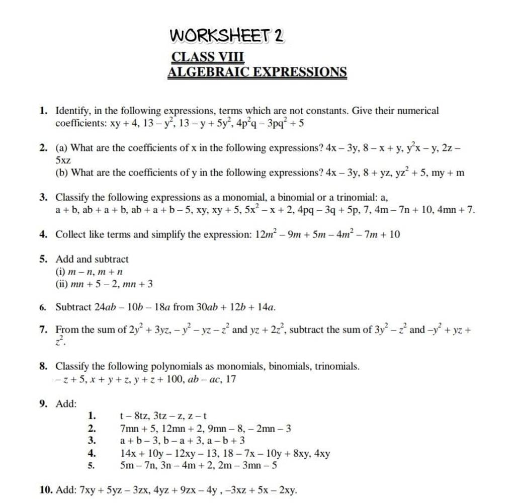 Worksheet 2 Class Viii Algebraic Expressions 1 Identify In The Followin 4021