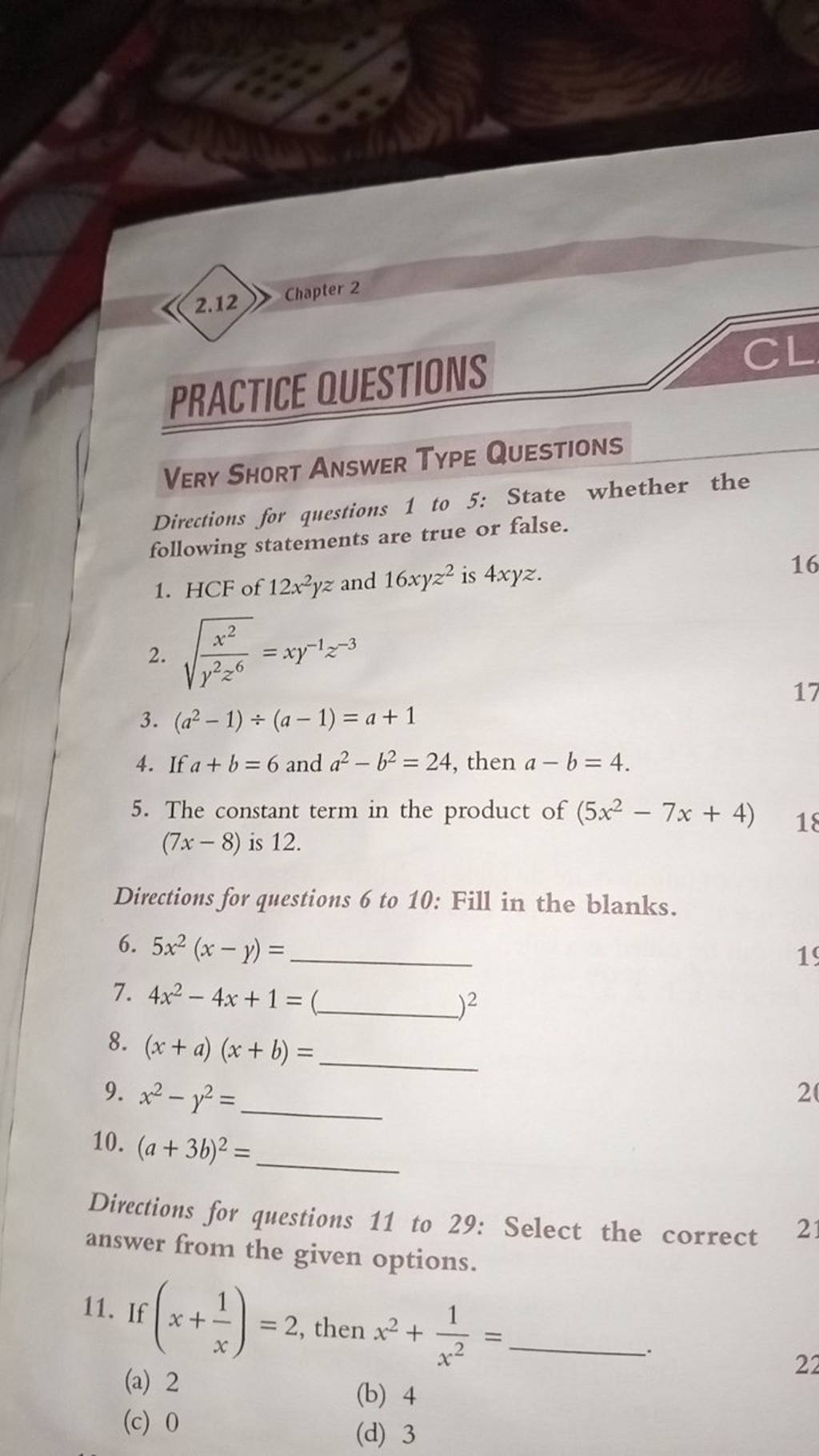Chapter 2 PRACTICE QUESTIONS VERY SHORT ANSWER TYPE QUESTIONS Directions