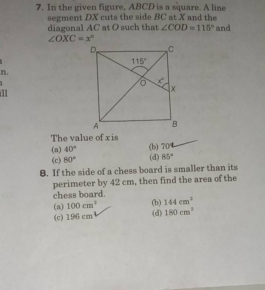 7. In the given figure, ABCD is a square. A line segment DX cuts the side..