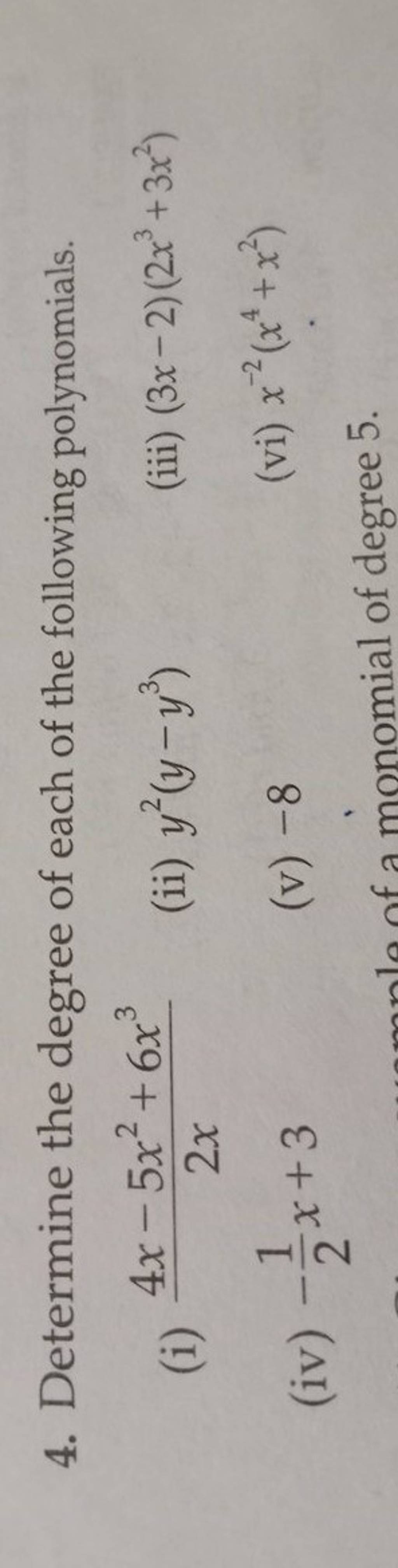 determine the degree of each of the following polynomials 5x 2