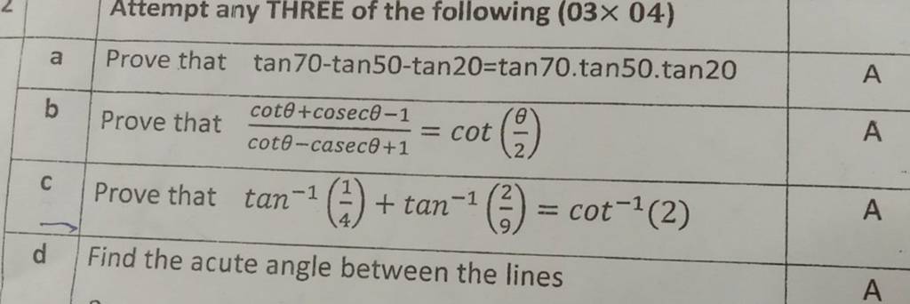 aProve that tan70−tan50−tan20=tan70⋅tan50⋅tan20 AbProve that cotθ−cosecθ+..