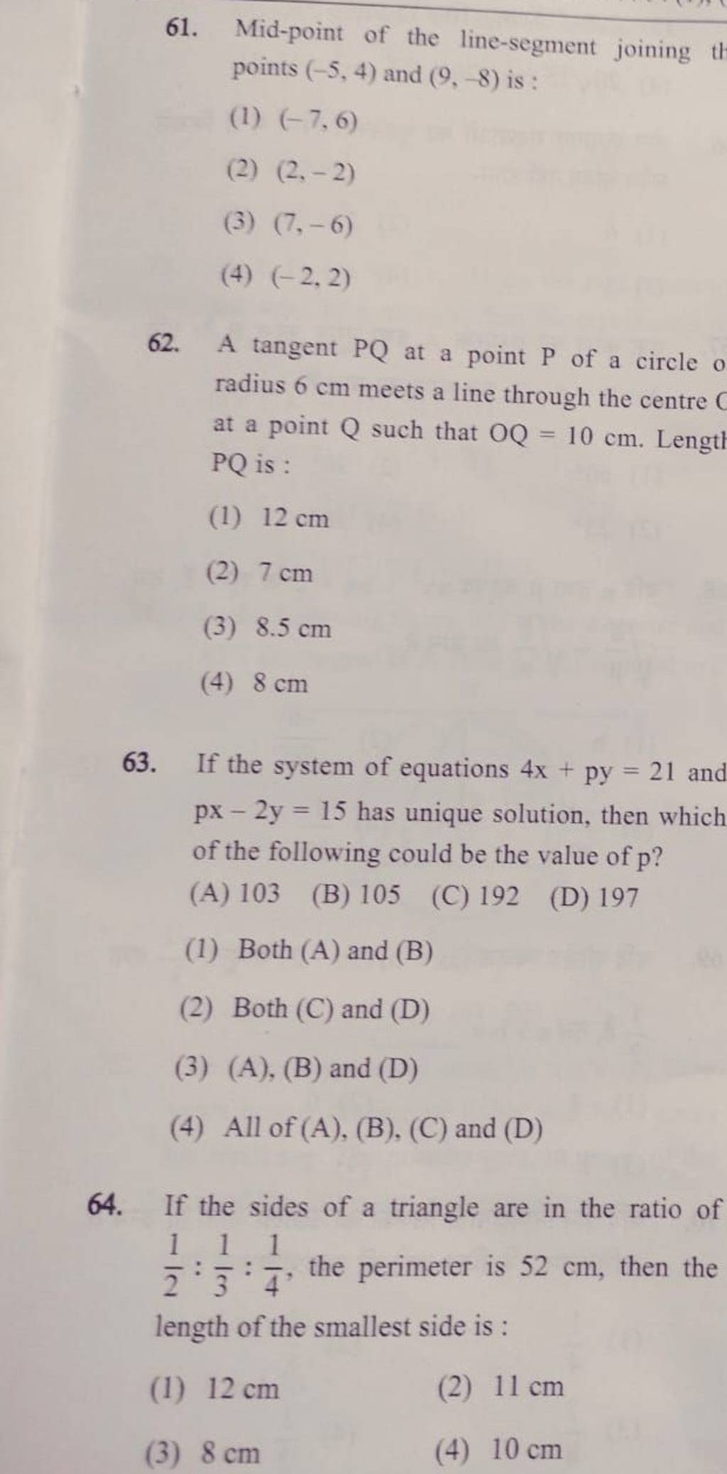 61. Mid-point Of The Line-segment Joining T Points (−5,4) And (9,−8) Is