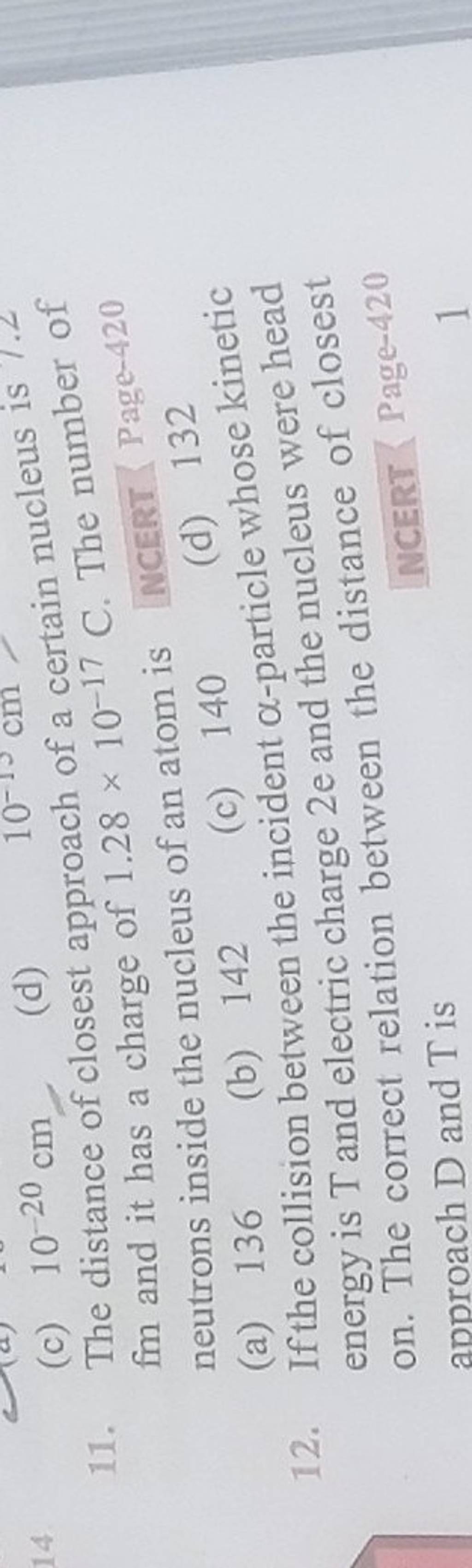  c 10 20 cm the distance of closest approach of a certain nucleus is 7 2 
