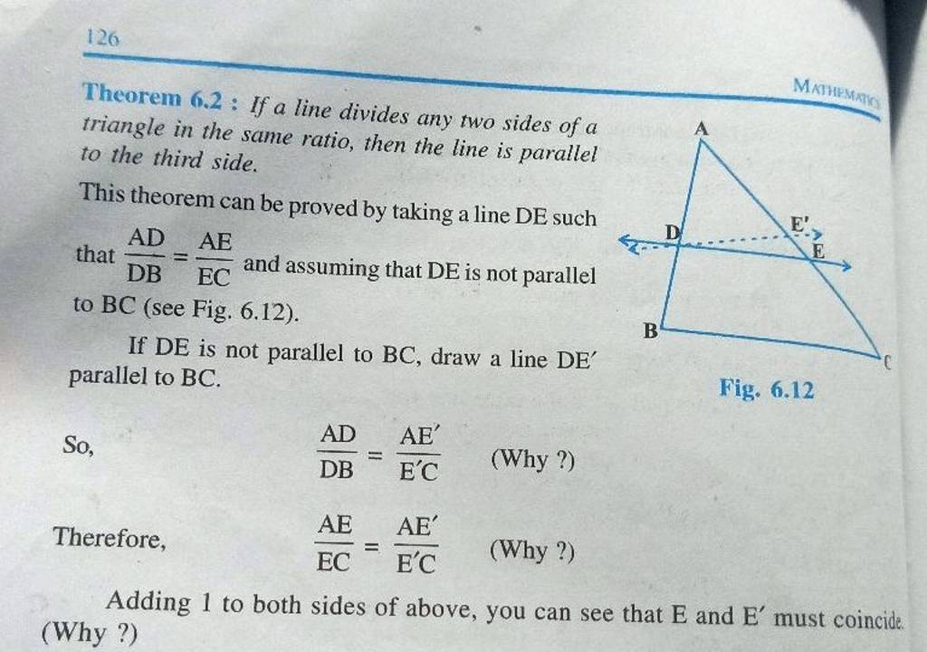 126 Theorem 6.2 : If a line divides any two sides of a triangle in the sa..