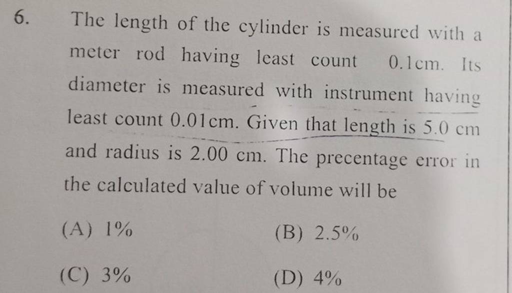 The length of the cylinder is measured with a meter rod having least coun..