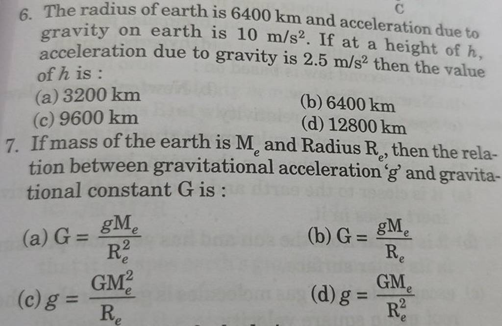 If mass of the earth is Me and Radius Re , then the relation between gra..