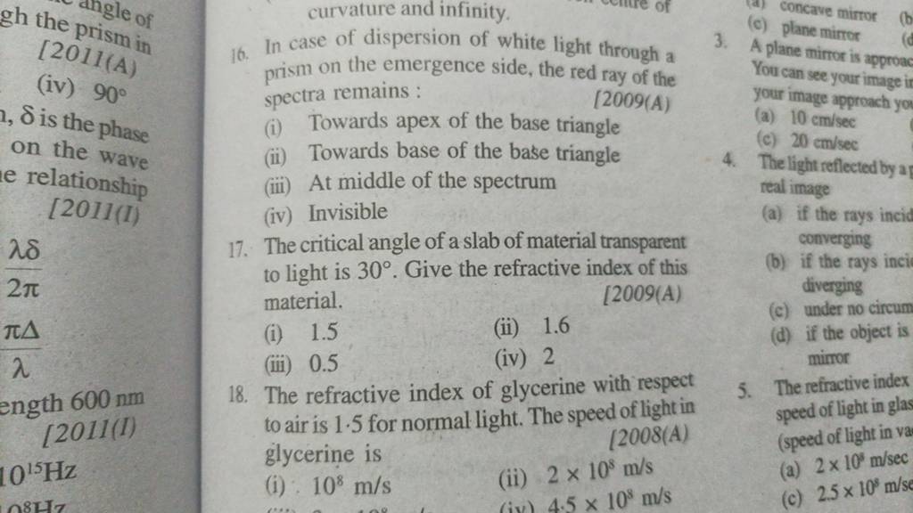 The refractive index of glycerine with respect to air is 1.5 for normal l..