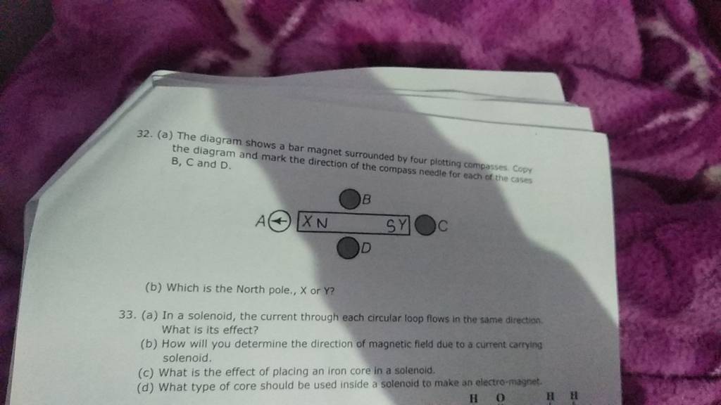 32. (a) The diagram shows a bar surrounded by four plotting compas..