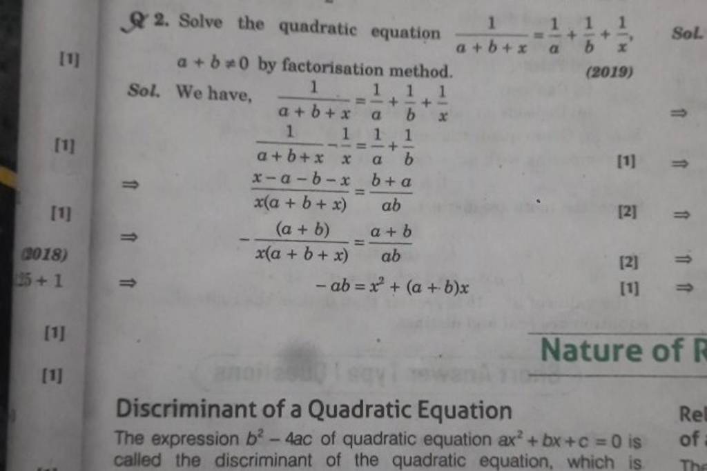 Q 2. Solve The Quadratic Equation A+b+x1 =a1 +b1 +x1 , Sol. A+b =0 By Fac..