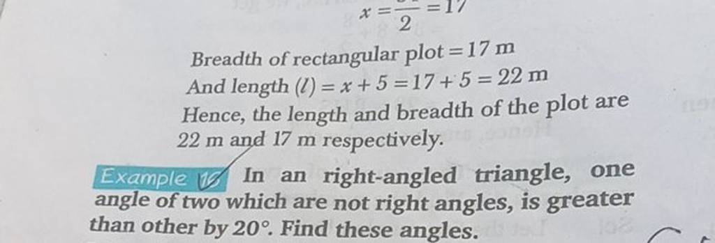 Breadth of rectangular plot =17 m And length (l)=x+5=17+5=22 m Hence, the..