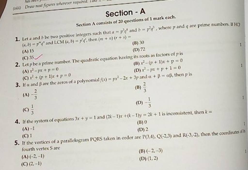 Section - A (a,b)=prqn And LCM (a,b)= /q3, Then (m+n)(r+5)= (A) 15 (B) 30..