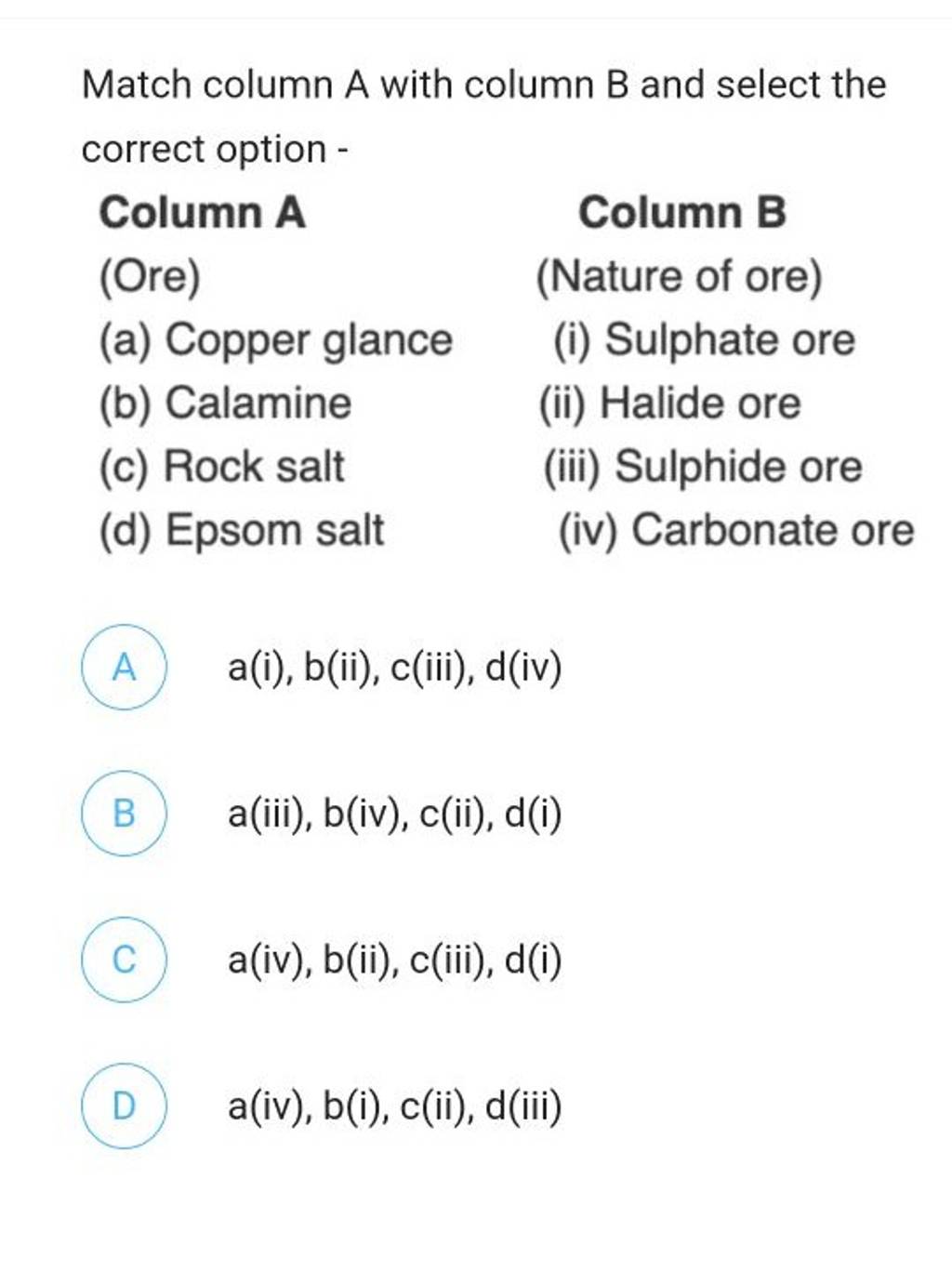 Match column A with column B and select the correct option - Column A Col..