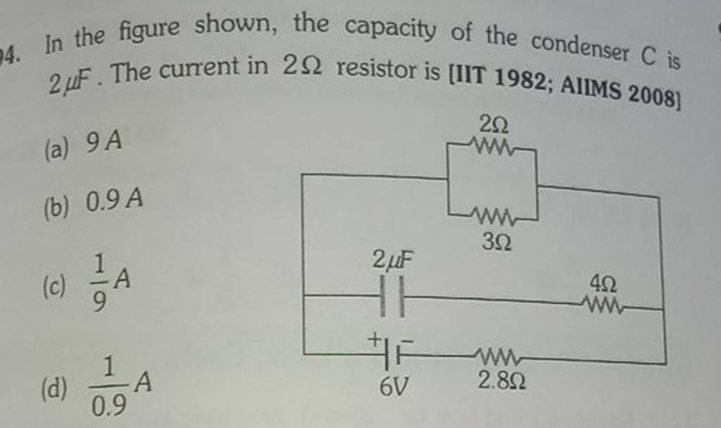 In the figure shown, the capacity of the condenser C is 2μF. The current