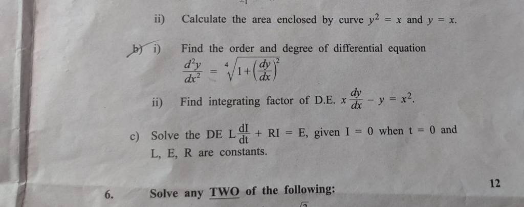 Ii Calculate The Area Enclosed By Curve Y2x And Yx B I Find The Ord 6010