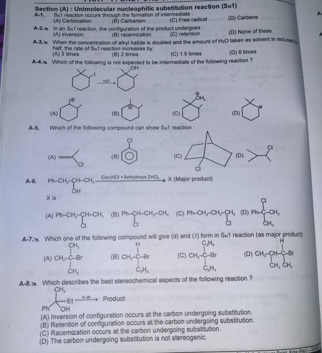 Section (A) : Unimolecular nucleophilic substitution reaction (SN 1) A-1...