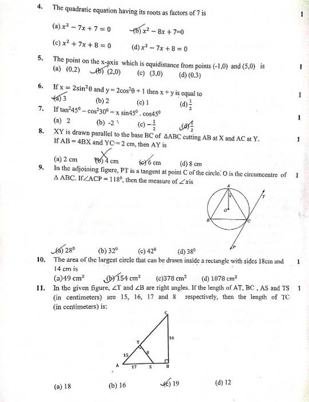 4. The quadratic equation having its roots as factors of 7 is (a) x2−7x+7..