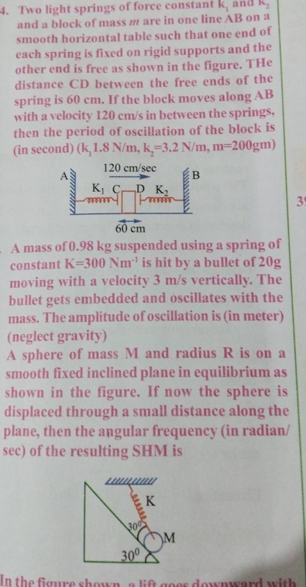 4. Two light springs of force constant k1​ and k2​ and a block of mass