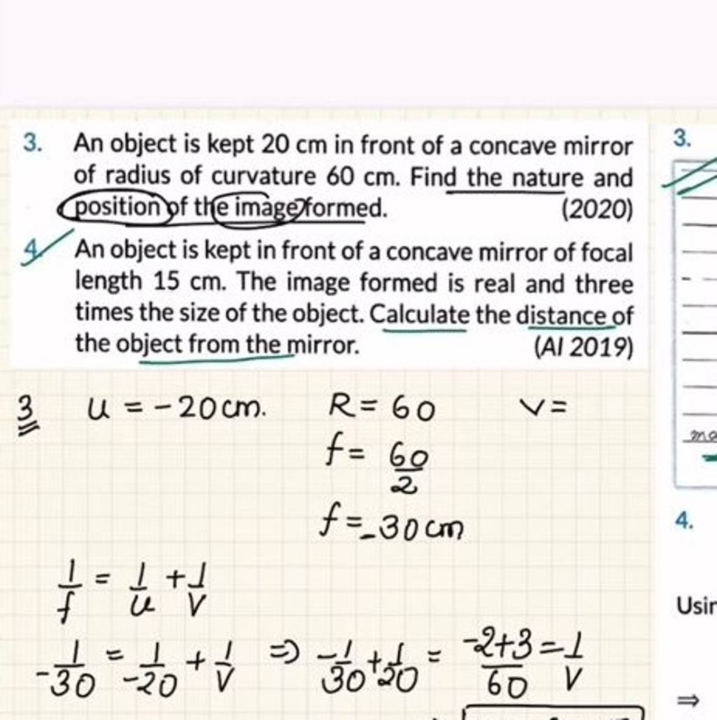 3 An Object Is Kept 20 Cm In Front Of A Concave Mirror Of Radius Of Curv 