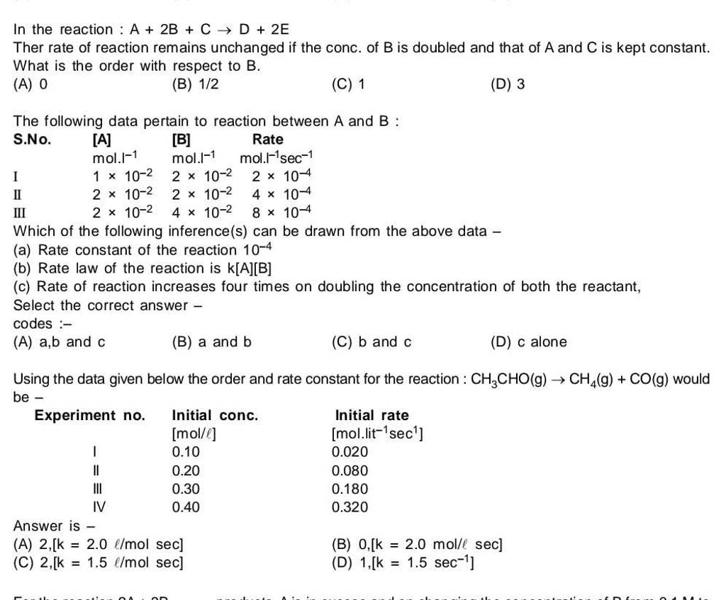 Using the data given below the order and rate constant for the reaction