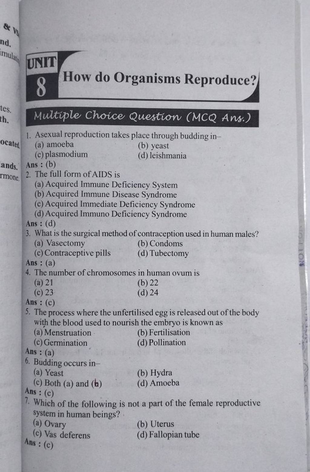 8 How do Organisms Reproduce? Multiple Choice Question (MCQ Ans.) 1. Asex..