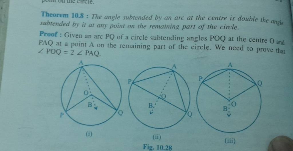 Theorem 10.8: The angle subtended by an arc at the centre is double the a..