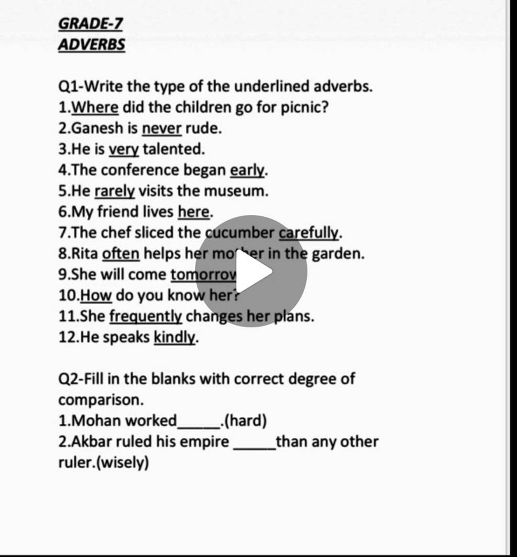 Grade 7 Adverbs Q1 Write The Type Of The Underlined Adverbs 1 Where Did