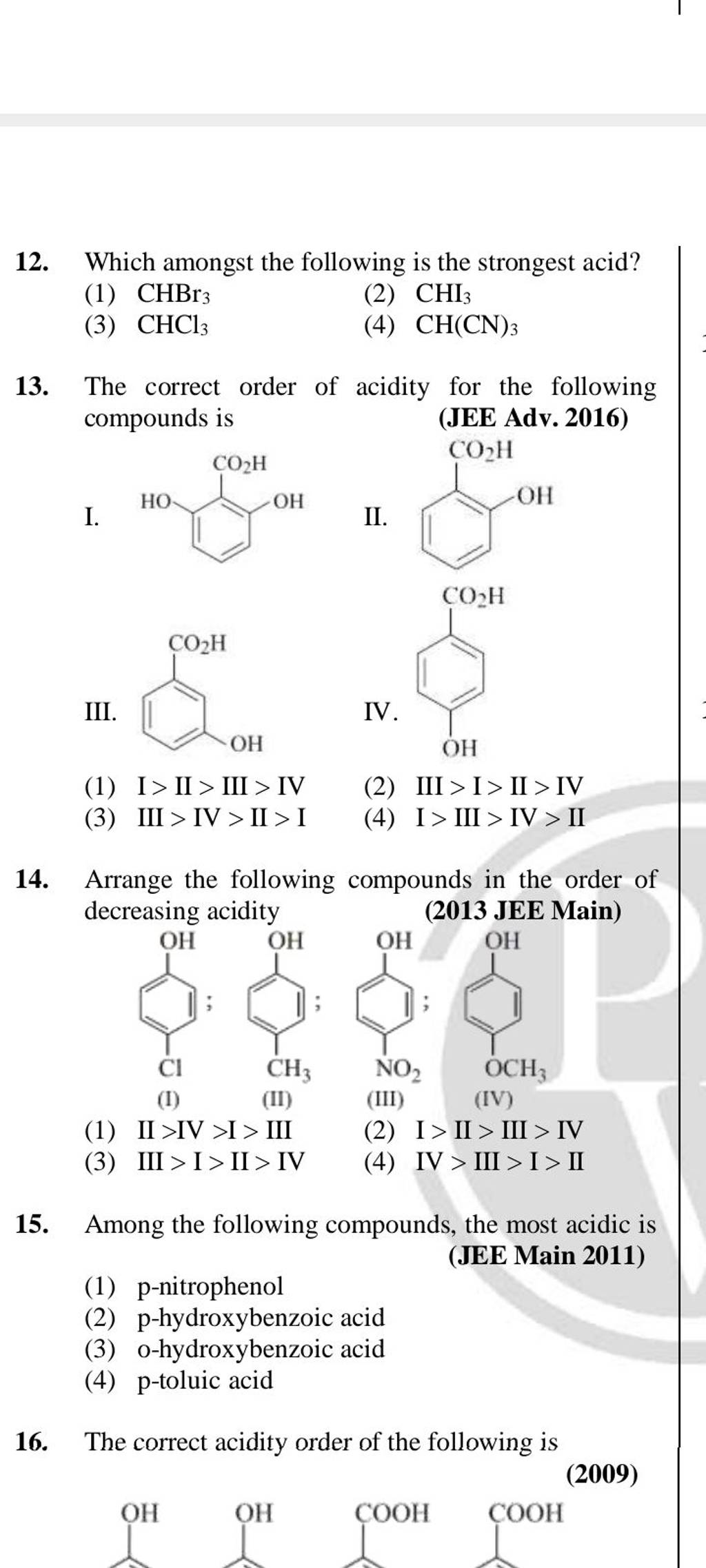 The Correct Order Of Acidity For The Following Compounds Is Jee Adv 201 0994