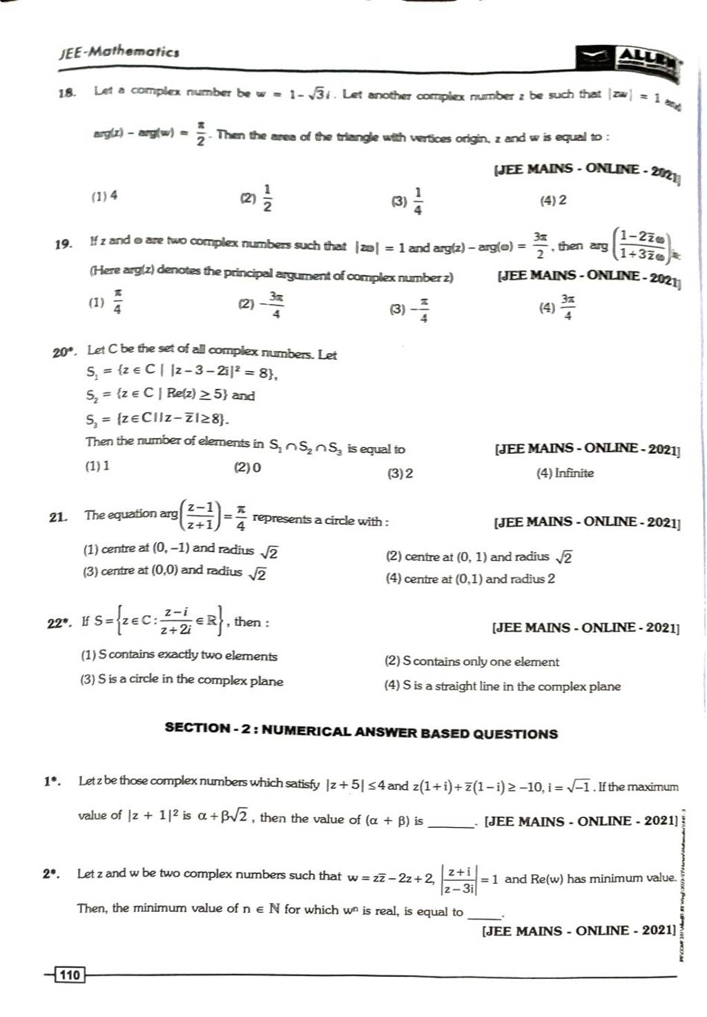 The equation arg(z+1z−1 )=4π represents a circle with: [JEE MAINS - ONLI..