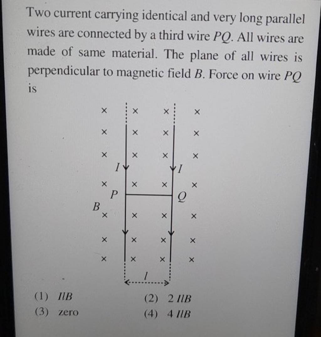 Two current carrying identical and very long parallel wires are connected..