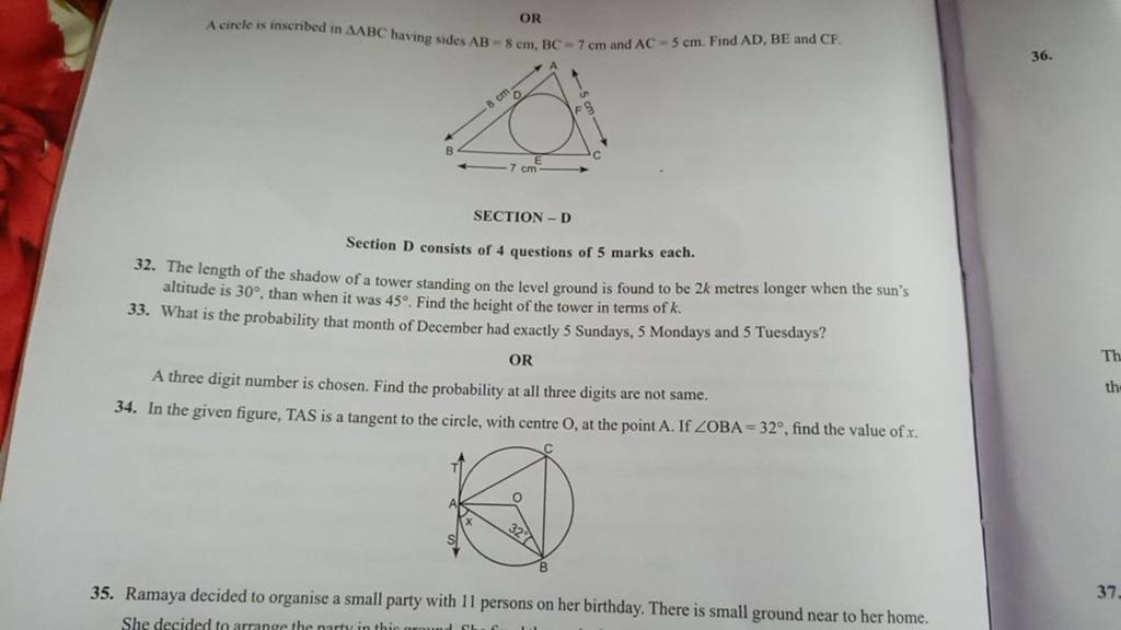 A Circle Is Inseribed In Abc Having Sides Ab8 Cmbc−7 Cm And Ac5 Cm F 9341