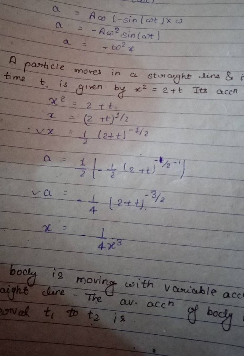 aaa =Aω(−sin(ωt)×ω=−Aω2sin(ωt)=−ω2x A particle mores in a strarght line