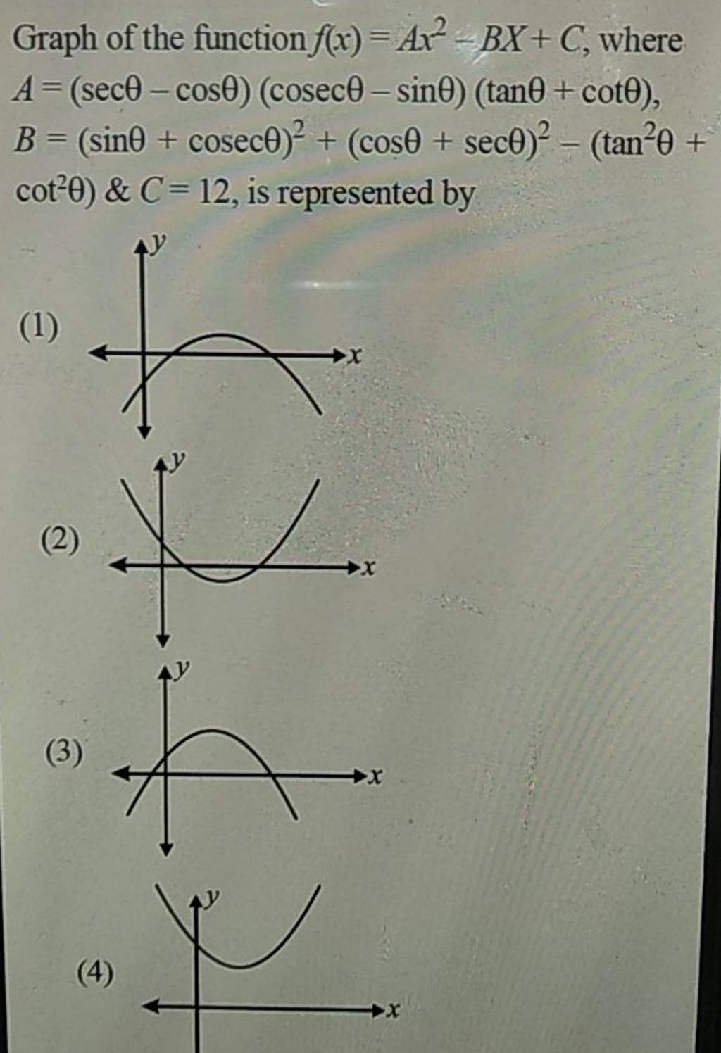 Graph of the function f(x)=Ax2−BX+C, where A=(secθ−cosθ)(cosecθ−sinθ)(tan..