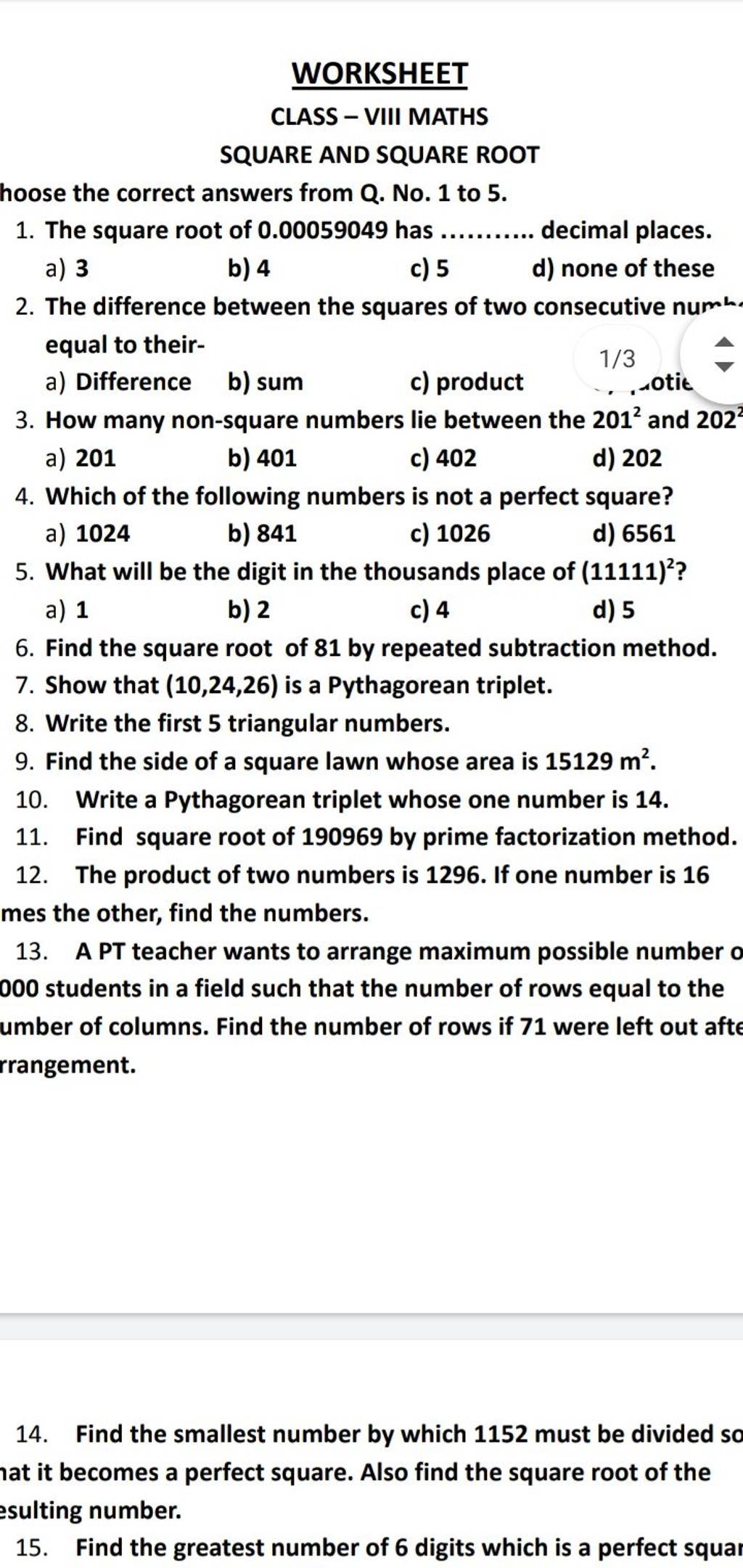 square and square roots class 8