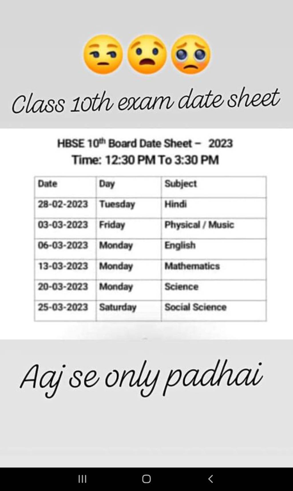 Class 1oth exam date sheet HBSE 10 th Board Date Sheet 2023 Time 123..