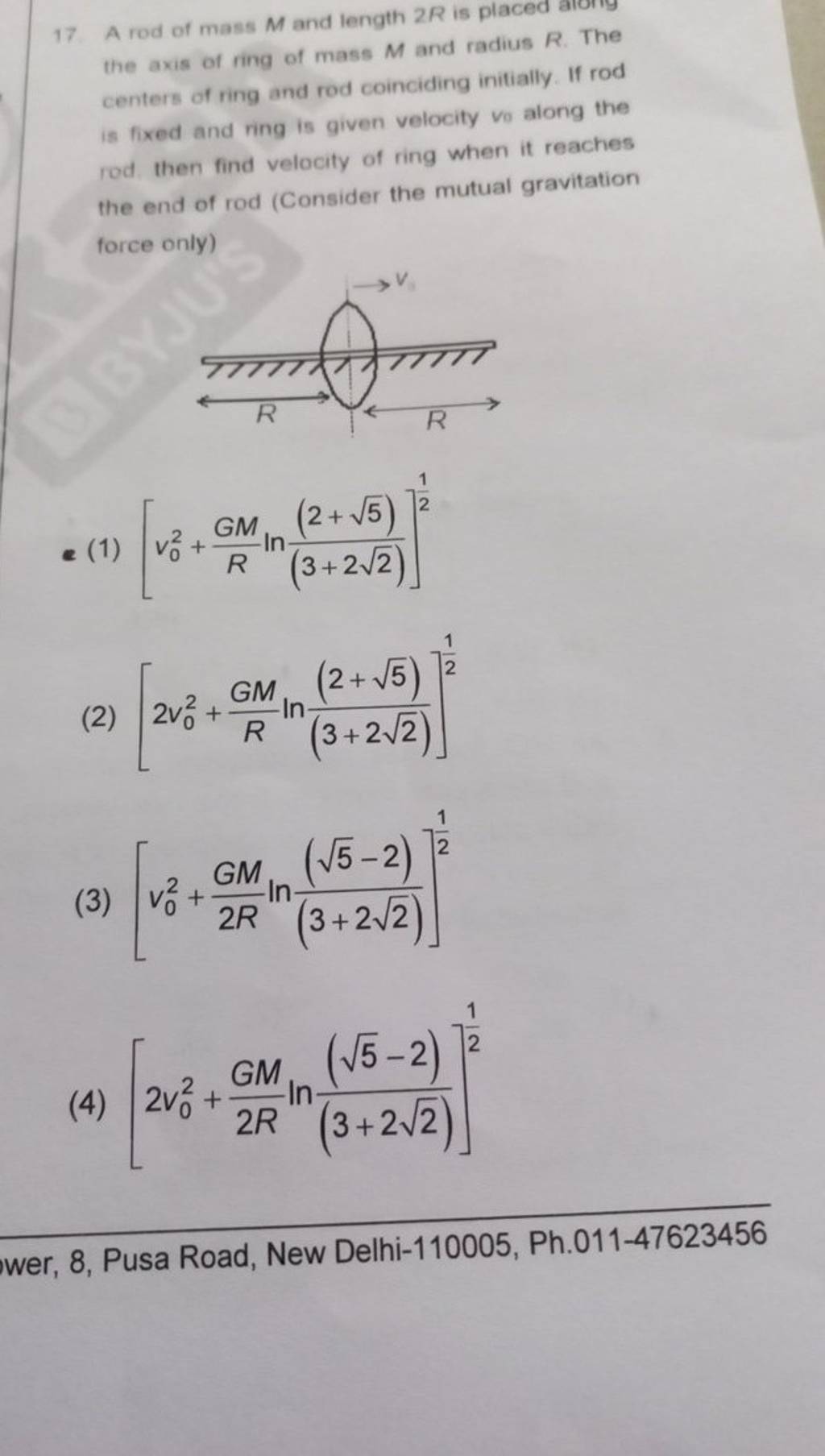 A rod of mass M and length 2R is placed along the axis of ring of mass M