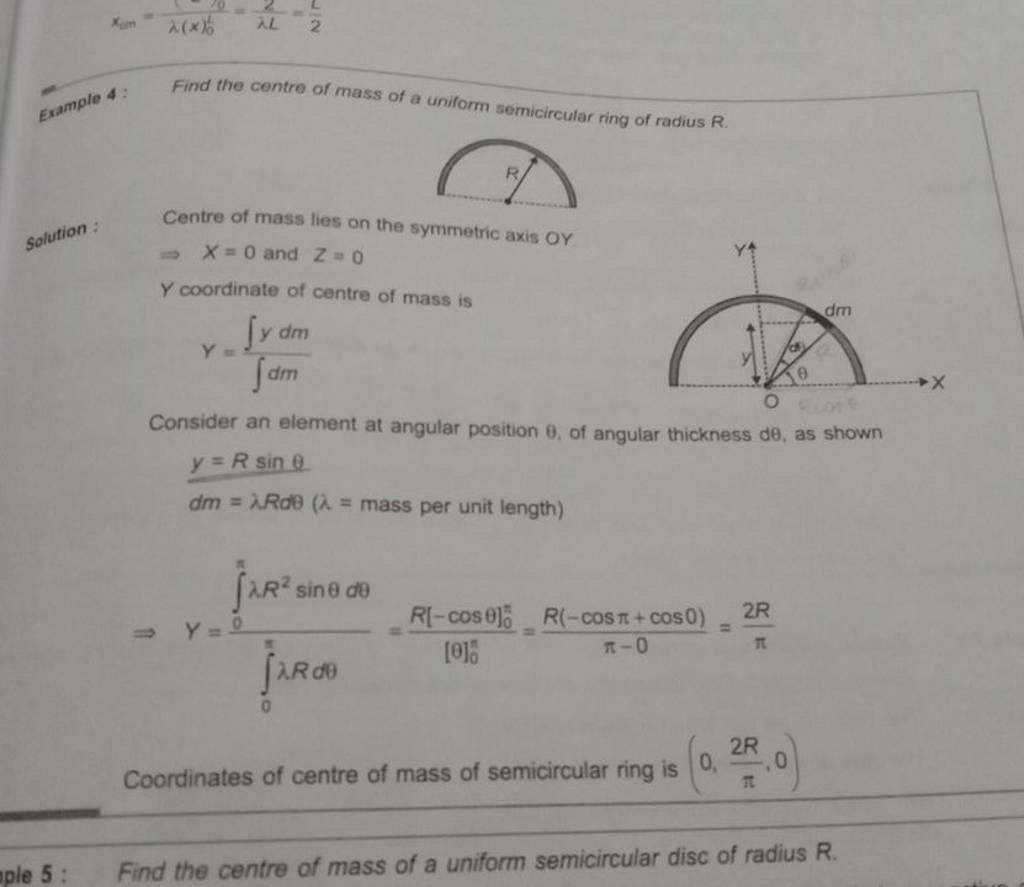 Example Find The Centre Of Mass Of A Uniform Semicircular Ring Of Radi